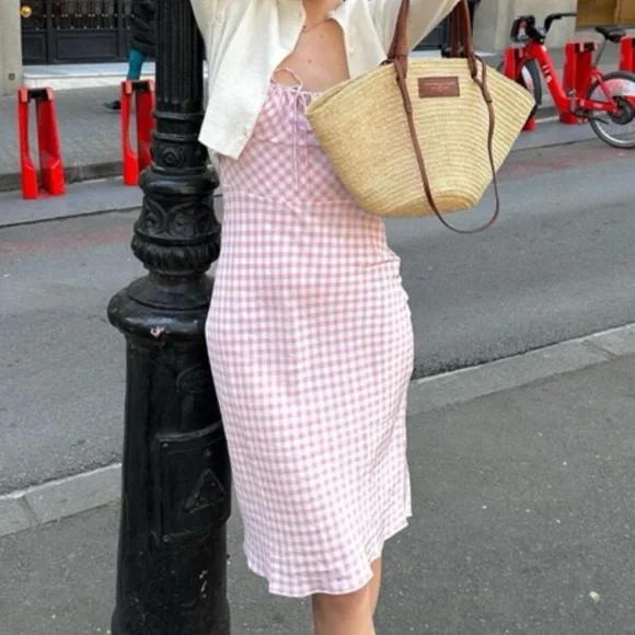 NWT Realisation Par Elsa Silk Midi Dress in Pink Gingham Size Medium M - Picture 2 of 11